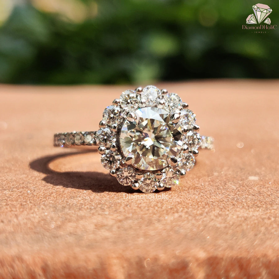 Sparkling Round Cut Moissanite Halo Engagement Ring With Pave Setting