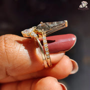 Unique Kite Cut Salt and Pepper Diamond Ring, Natural Diamond Bridal Ring Set