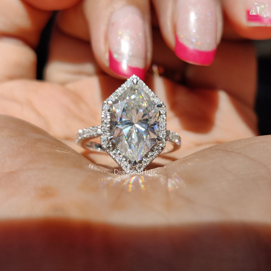 Dutch Marquise Diamond Engagement Ring, Hidden Halo Unique Style Moissanite Ring