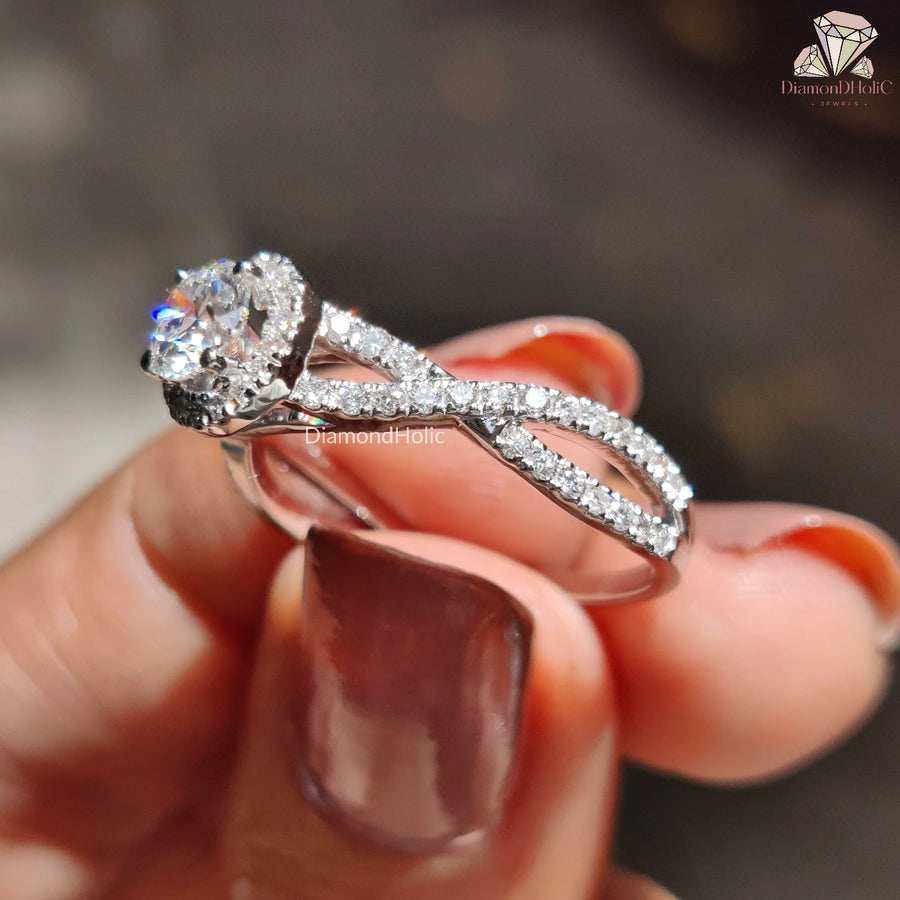 Round Cut Moissanite Bridal Ring With Halo Setting and Twisted Pave Setting Engagament Ring