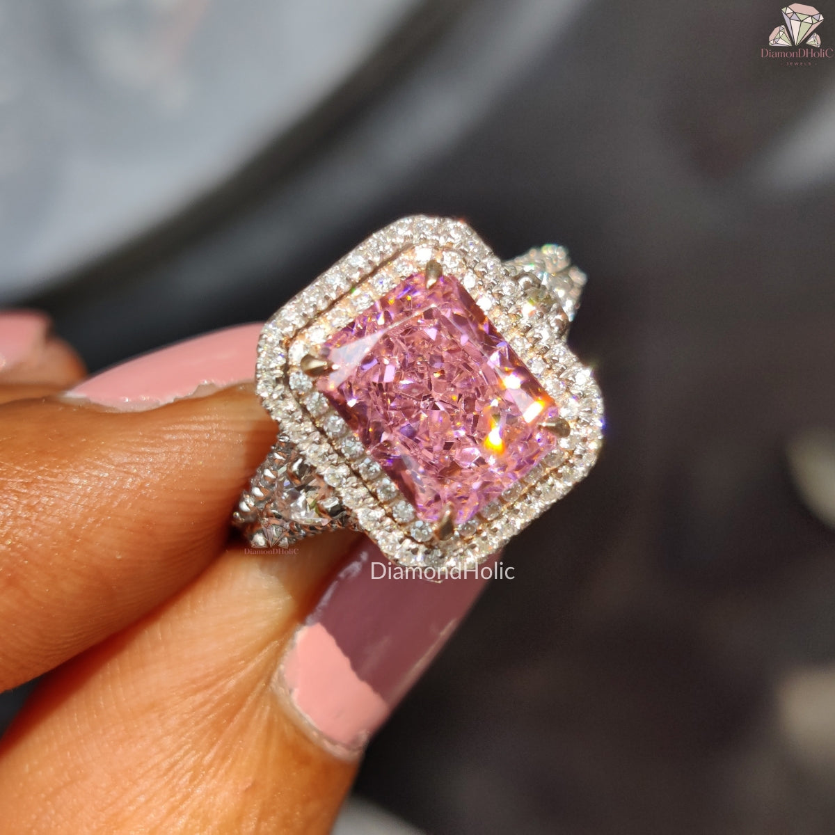 Pink Radiant Cut CZ Stone Halo Ring, Color Stone Engagement Ring