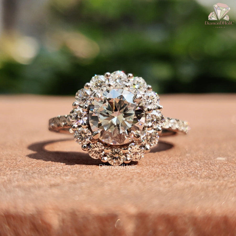 Sparkling Round Cut Moissanite Halo Engagement Ring With Pave Setting