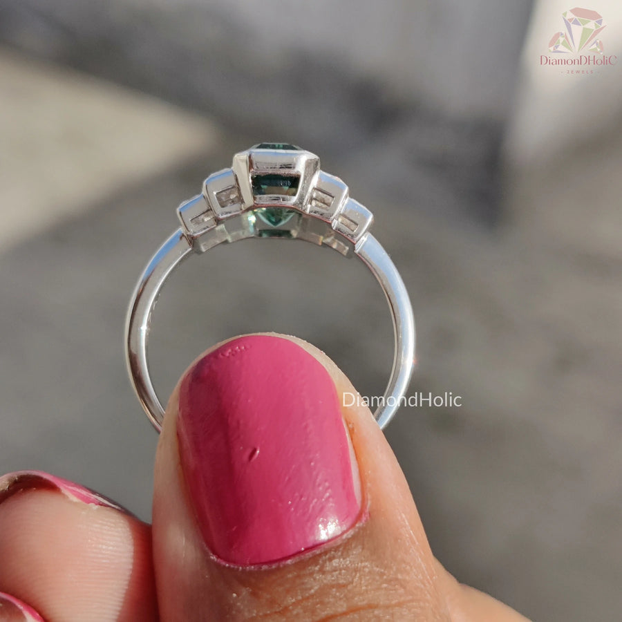 Elongated Emerald Cut Moissanite Ring, Emerald Color Moissanite Diamond Gift For Her