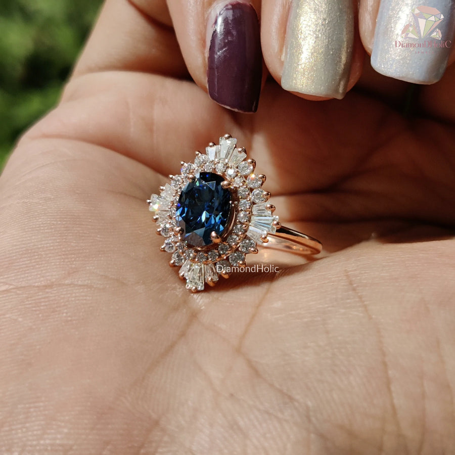 Sparkling Royal Blue Oval Moissanite Ring