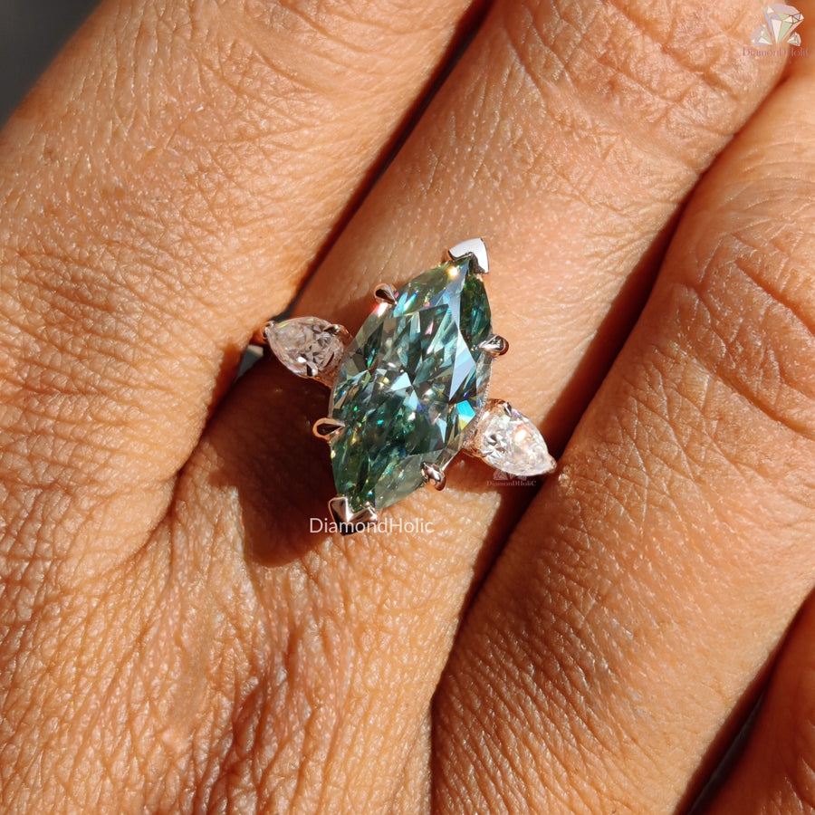 Cyan Blue Marquise Cut Moissanite Ring