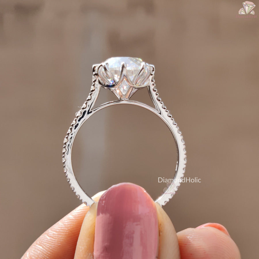 Decorative Prong Setting Portuguese Cut Moissanite Ring - Unique Cut Engagement Ring