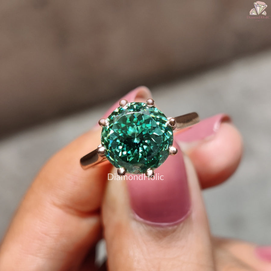 Portuguese Cut Round Moissanite Ring, Unique Green Moissanite Diamond Gift For Her