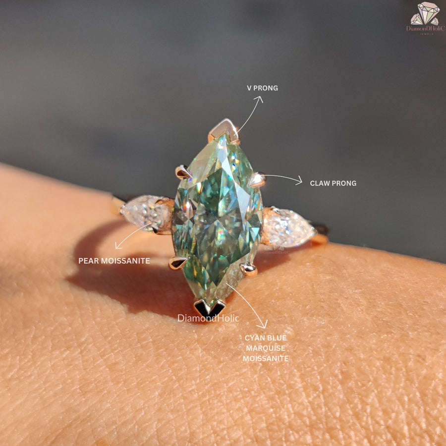 Cyan Blue Marquise Cut Moissanite Ring, Three Stone Christmas Gift For Her