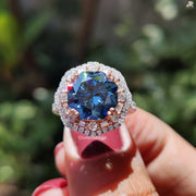 Royal Blue Octa Cut Moissanite Diamond Ring - 14K Rose Gold Halo Engagement Ring