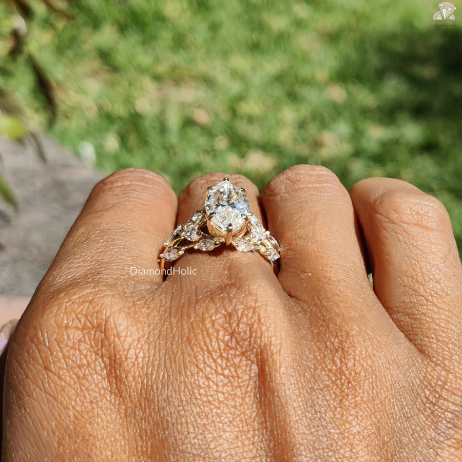 Marquise Cut Moissanite Engagement Ring, Nature Inspired Moissanite Ring