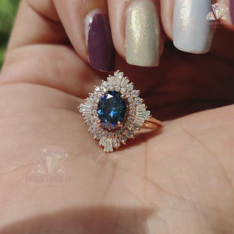 Stunning Royal Blue Oval Moissanite Engagement Ring