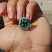 Green Emerald Cut Moissanite Ring - Green Emerald Stone Baguette Halo Engagement Ring